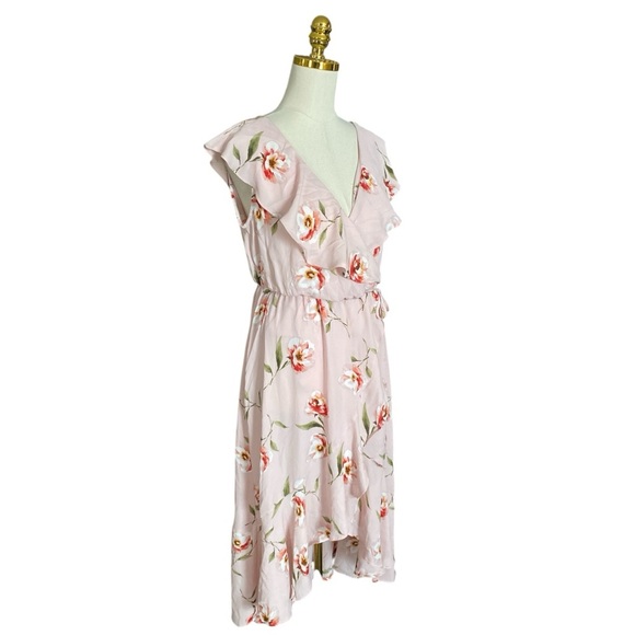 Soprano Women’s Pink Floral Asymmetrical Ruffle Trim Wrap Flowy Fairy Dress Sz L - Picture 2 of 8